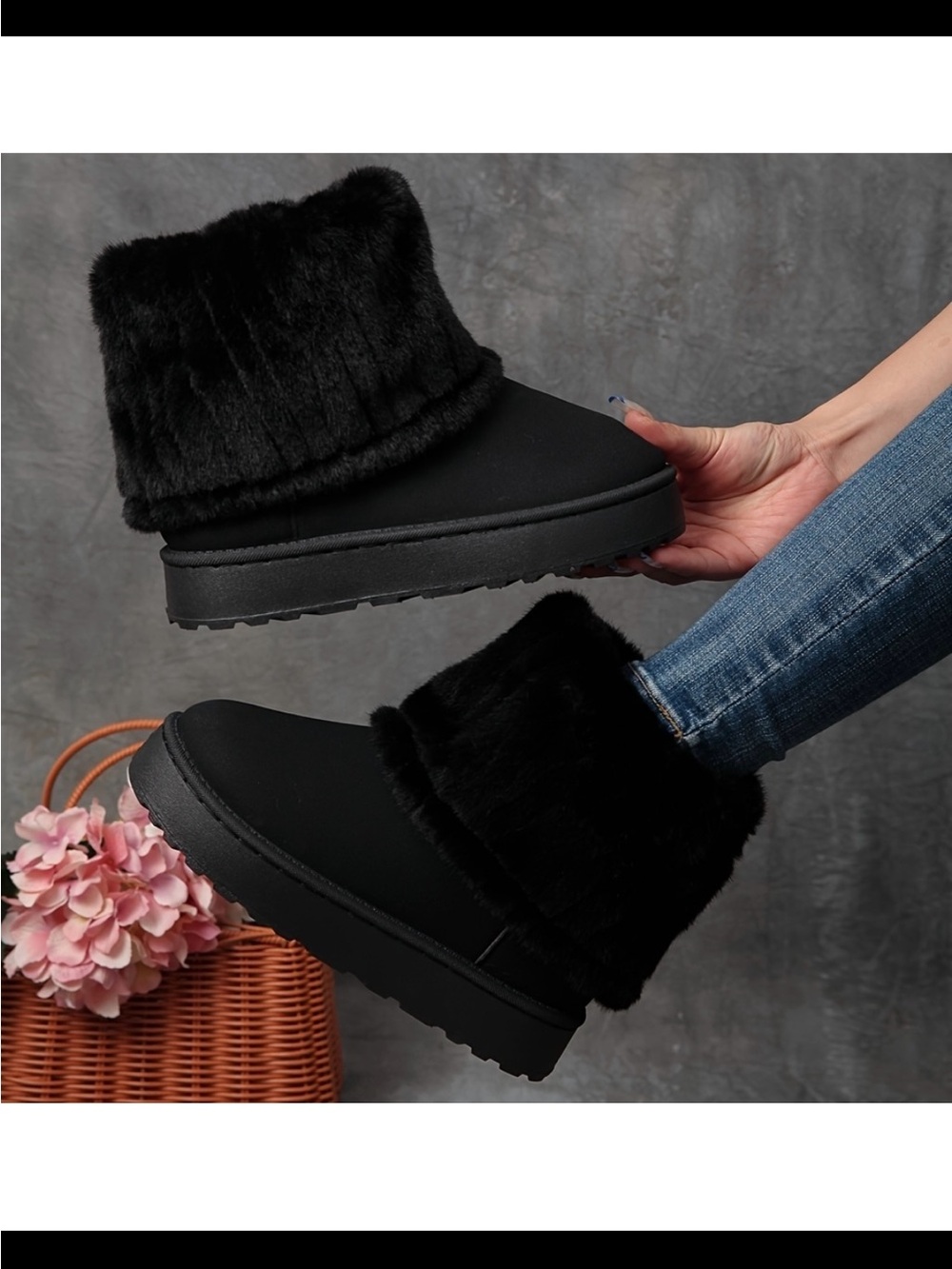 Amazon Black Faux Fur Cuff Ankle Boots for Women